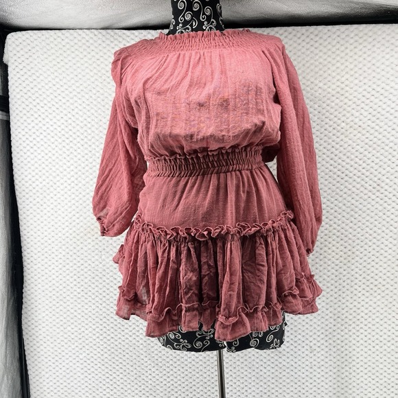 Misa Los Angeles Dresses & Skirts - MISA Los Angeles Ruffle Mini Dress Smocked Long Sleeve Tiered Pink XS